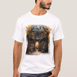 Magical Autumn Book House Halloween Illustration T-Shirt