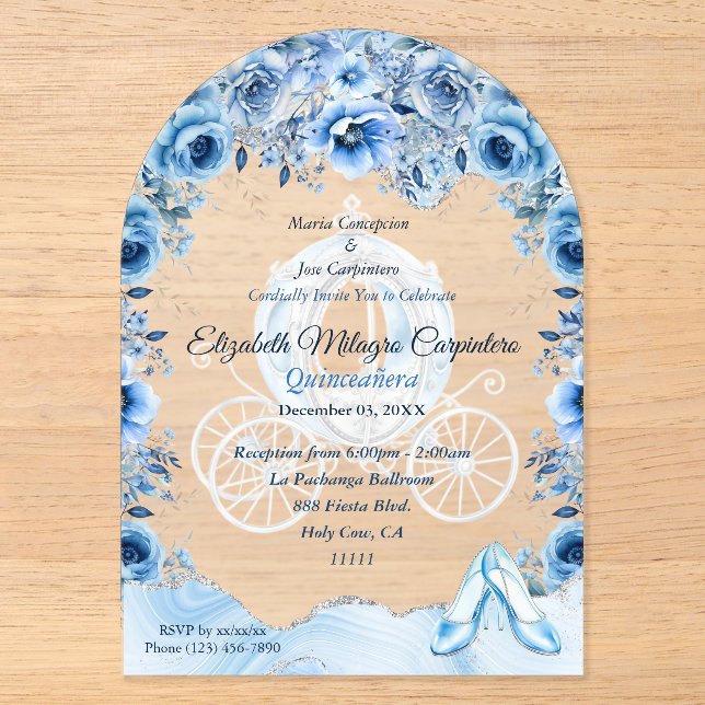 Magical Baby Blue Cinderella Quinceañera Acryleinladungen (Vorderseite)
