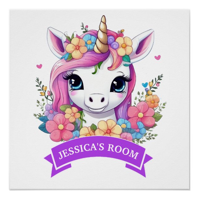 Magical Baby Unicorn mit Blume Poster (Vorderseite)