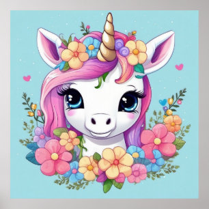 Magical Baby Unicorn mit Blume Poster