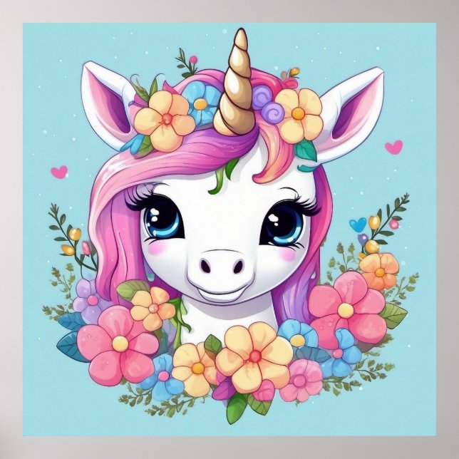 Magical Baby Unicorn mit Blume Poster (Vorne)