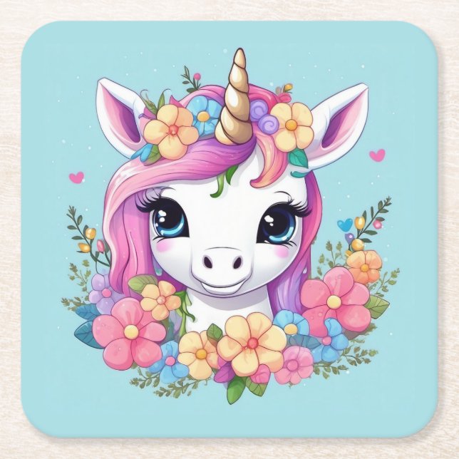 Magical Baby Unicorn mit Blume Rechteckiger Pappuntersetzer (Vorderseite)