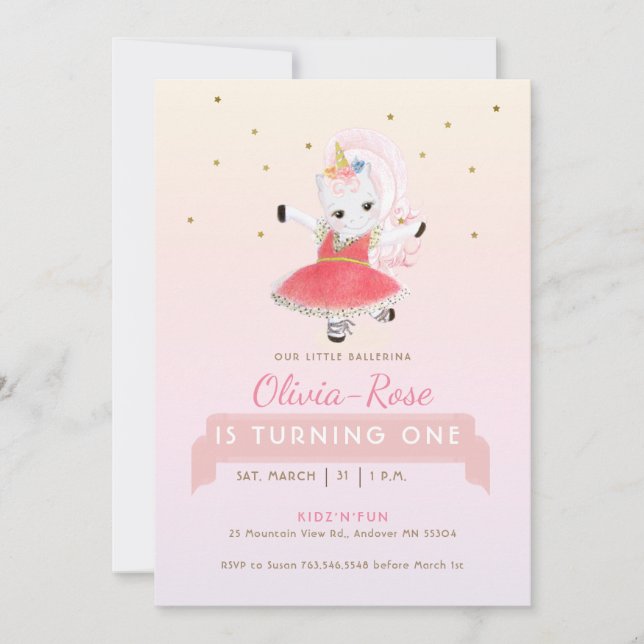 Magical Ballerina Unicorn Rainbow Girl Einladung (Vorderseite)