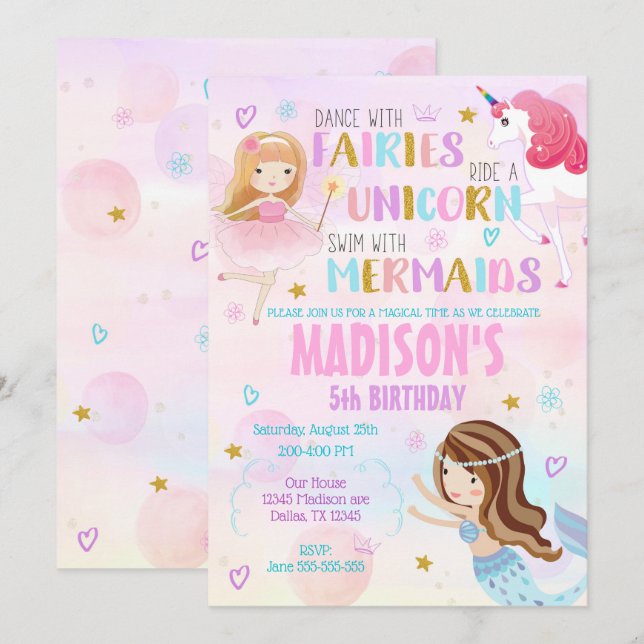 Magical Birthday Einladung Mermaid Unicorn Fairy (Vorne/Hinten)