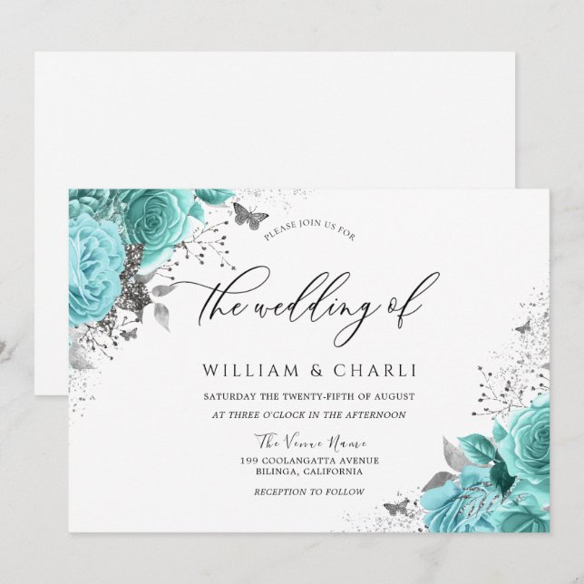 Magical Blue Aquamarin Aqua Rose Hochzeit Einladung (Vorne/Hinten)