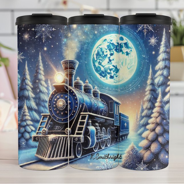 Magical Blue Christmas Train Moonlit Scene Thermosbecher (Von Creator hochgeladen)