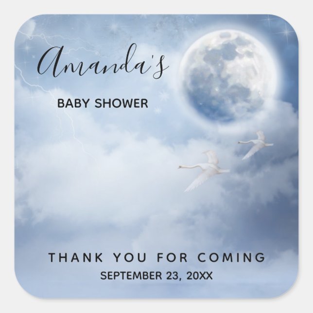 Magical Blue Sky mit flying Swans Baby Dusche Quadratischer Aufkleber (Vorderseite)