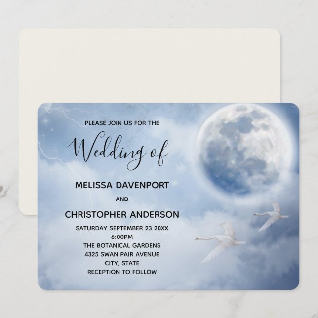 Magical Blue Sky mit flying Swans Wedding Einladung (Vorne/Hinten)