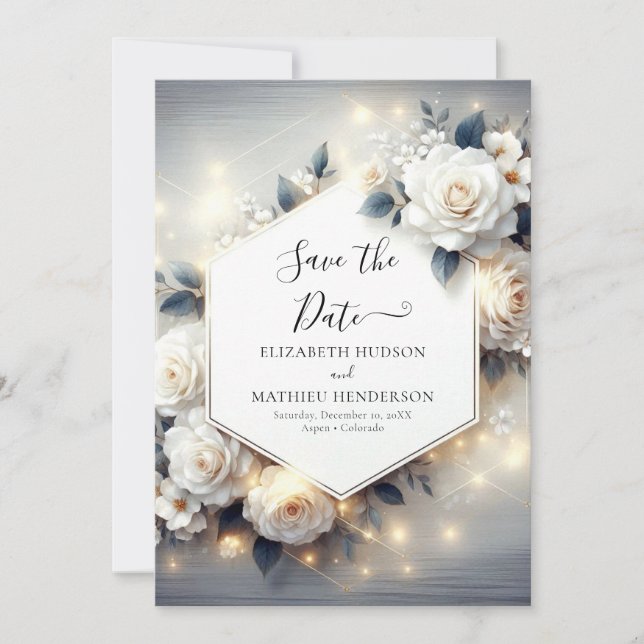Magical Chic White Roses Wedding Save The Date (Vorderseite)