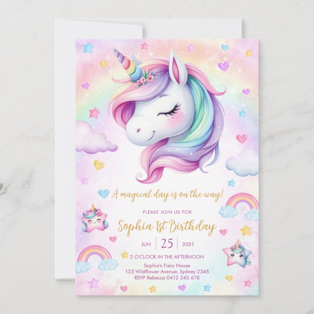 Magical Day Unicorn and Rainbows Birthday Einladung (Vorderseite)