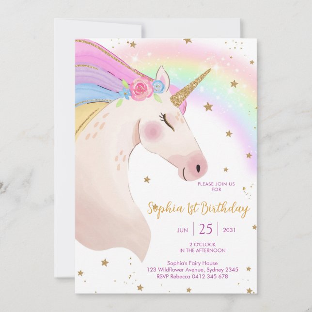 Magical Day Unicorn and Rainbows Birthday Einladung (Vorderseite)