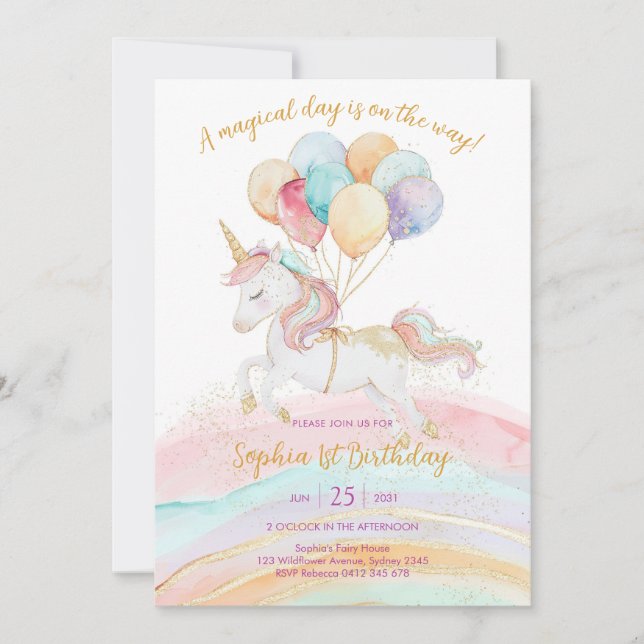 Magical Day Unicorn and Rainbows Birthday Einladung (Vorderseite)