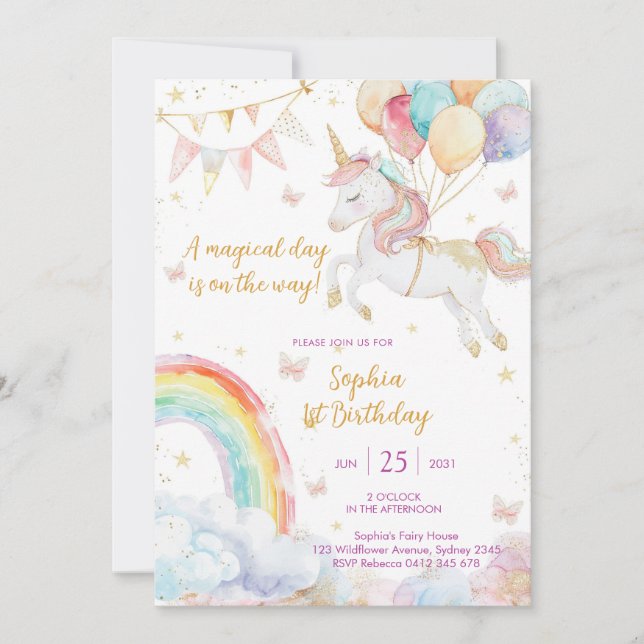 Magical Day Unicorn and Rainbows Birthday Invitati Einladung (Vorderseite)
