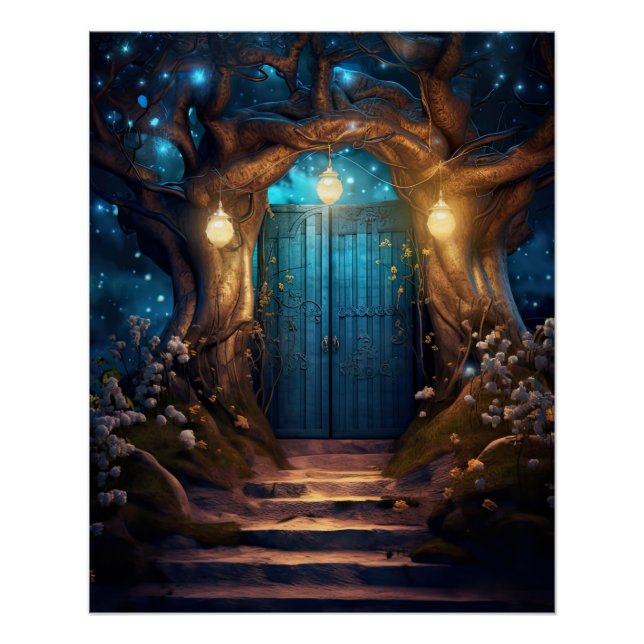 Magical Enchanted Fantasy Forest Old Blue Door Poster (Vorderseite)