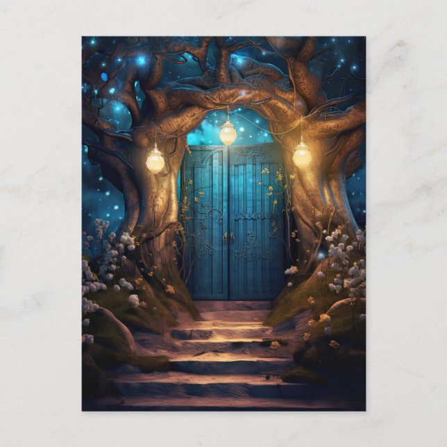 Magical Enchanted Fantasy Forest Old Blue Door Postkarte (Vorderseite)