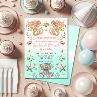 Magical Fairy Mermaid Twins Girl Birthday Party Einladung
