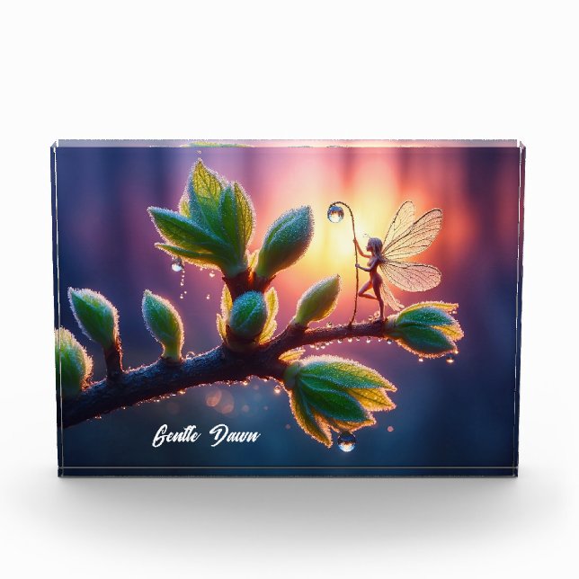 Magical fairy with dewdrop lantern on the branch fotoblock (Vorderseite)