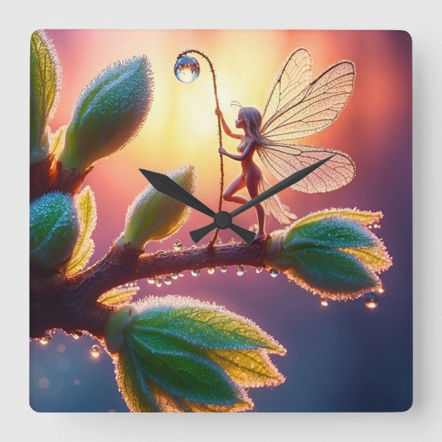 Magical fairy with dewdrop lantern on the branch quadratische wanduhr (Vorderseite)