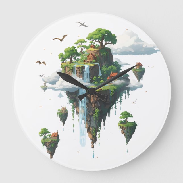 Magical Floating Islands with Trees, Birds & Drago Große Wanduhr (Vorderseite)