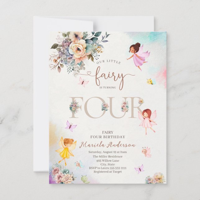 Magical Floral Fairy Princess dreht vier Wetten Einladung (Vorderseite)
