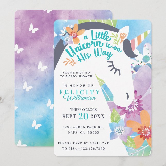 Magical Floral Unicorn Baby Boy Dusche Einladung (Vorne/Hinten)
