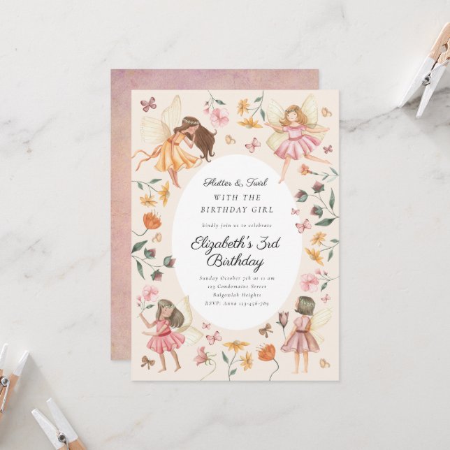 Magical Garden Floral Fairy Birthday Party Einladung (Vorderseite/Rückseite Beispiel)