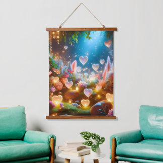 Magical Glowing Flowers Heart Garden  Wandteppich Mit Holzrahmen