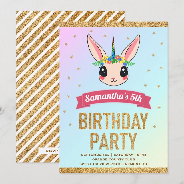 Magical Gold Glitzer Unicorn Bunny Birthday Einladung (Vorne/Hinten)