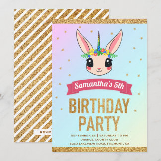 Magical Gold Glitzer Unicorn Bunny Birthday Einladung