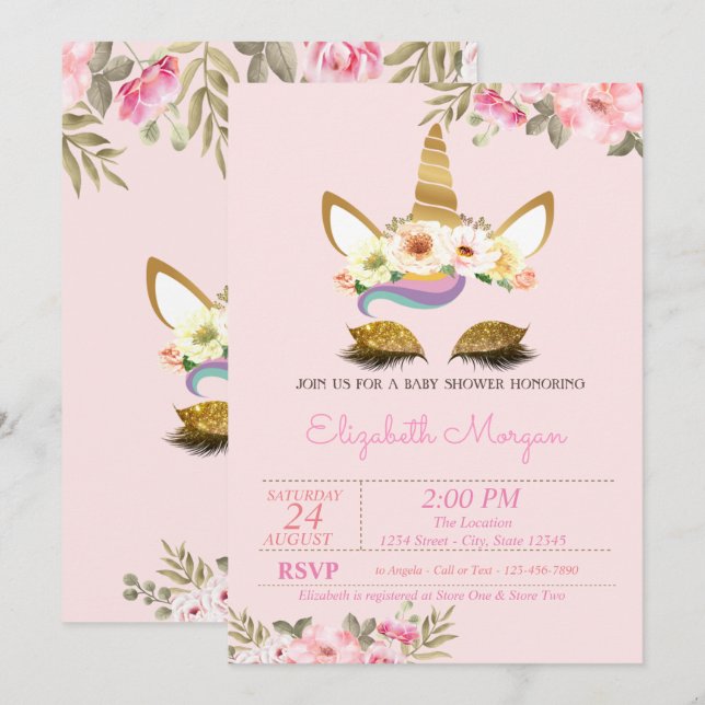 Magical Gold Glitzer Unicorn Floral Baby Dusche Einladung (Vorne/Hinten)