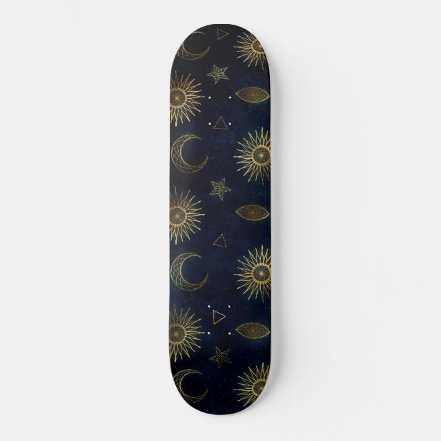 Magical Gold Moon Sun Stars Dark Blue pattern Skateboard (Vorderseite)