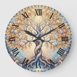 Magical Golden Tree Crystal Gems Spiritual Große Wanduhr