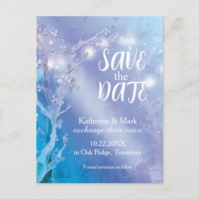 Magical Lights Blue White Wedding Save the Date Ankündigungspostkarte (Vorderseite)