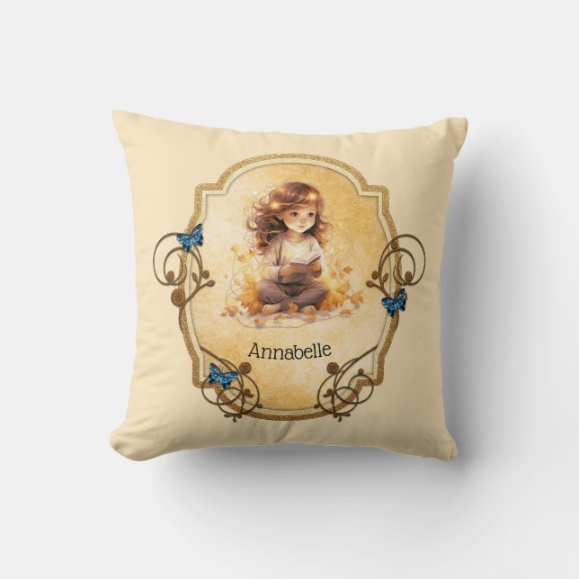 Magical Little Girl Lesen eines Buches Kissen (Vorderseite)