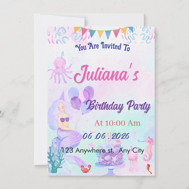 Magical  Mermaid Birthday Invitation Card (Devant)