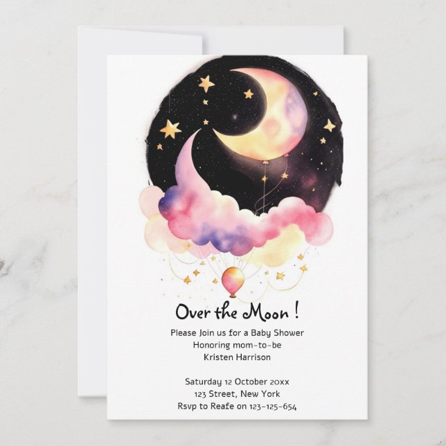 Magical Moon & Stars Watercolor Baby Dusche Einladung (Vorderseite)