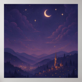 Magical Moonlit Village Nightscape Poster