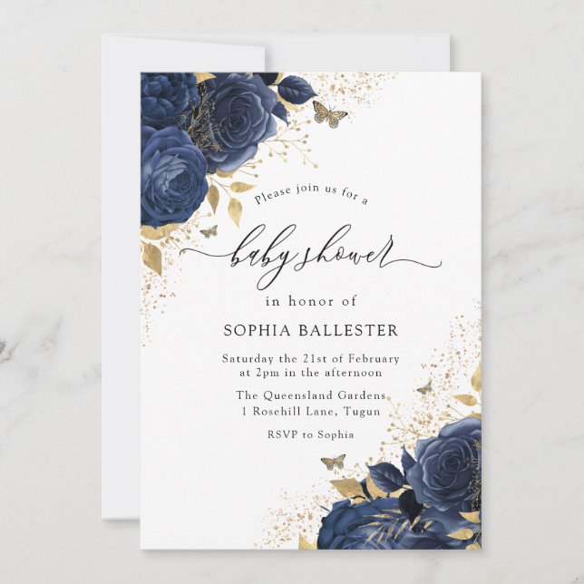 Magical Navy Indigo Blue Rose & Gold Baby Dusche Einladung (Vorderseite)