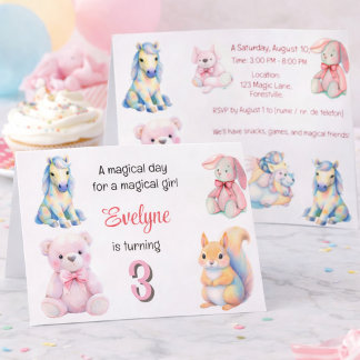Magical Pastel Birthday Girls Unicorn Bunny Bear Einladung