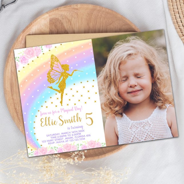 Magical Pastel Invite Einladung (Rainbow Fairy Birthday Invitations with photo)