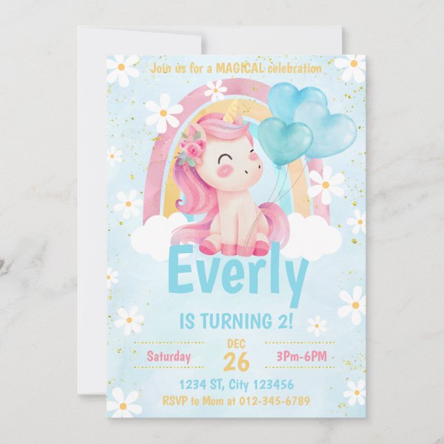 Magical Pastel Unicorn Rainbow Birthday Einladung (Vorderseite)