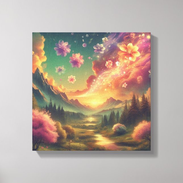 Magical Petal Sky Over Sunset Mountains Canvas Leinwanddruck (Vorderseite)