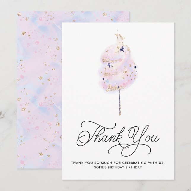 Magical Pink Cotton Candy und Glitzer Vielen Dank Einladung (Vorne/Hinten)
