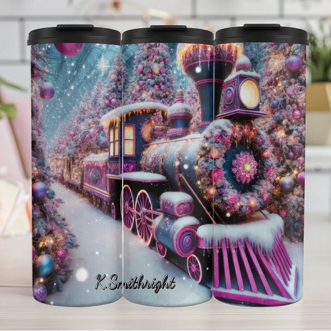Magical Pink Purple Christmas Train Wonderland Thermosbecher (Von Creator hochgeladen)