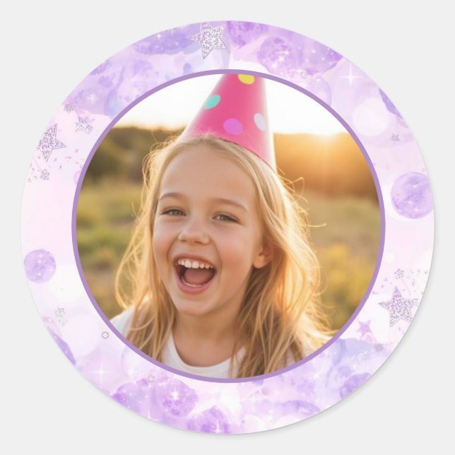 Magical Purple Bubbles Photo Birthday  Runder Aufkleber (Vorderseite)