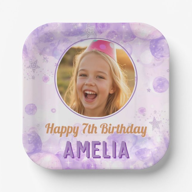 Magical Purple Photo Birthday Party  Pappteller (Vorderseite)