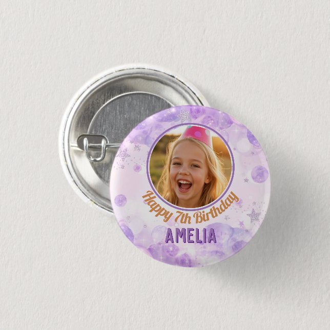 Magical Purple Photo Happy Birthday Party  Button (Vorne & Hinten)