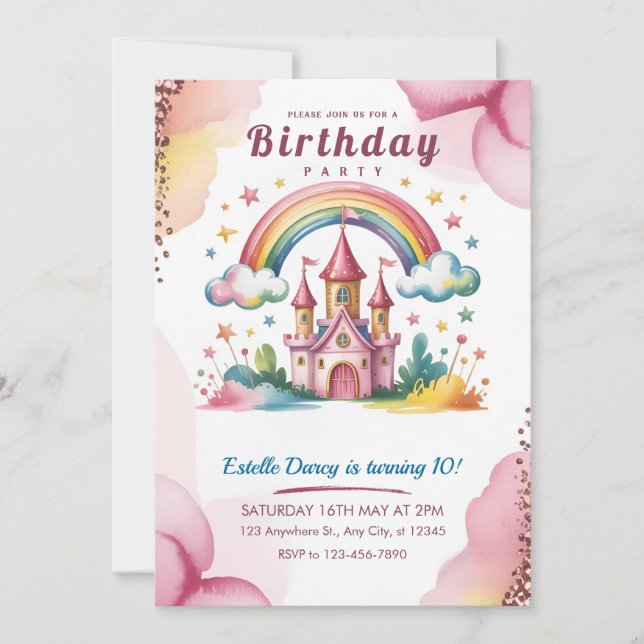 Magical Rainbow Castle 10th Birthday Invitation (Devant)
