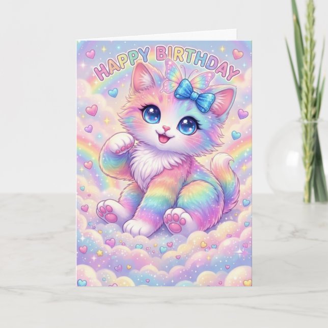 Magical Rainbow Kitten Children's Whimsical  Karte (Vorderseite)