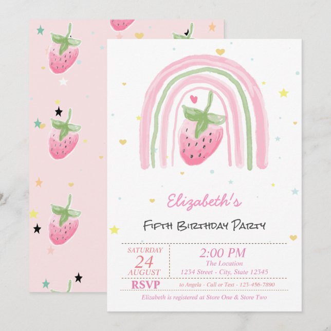 Magical Rainbow Strawberry Stars Birthday  Einladung (Vorne/Hinten)